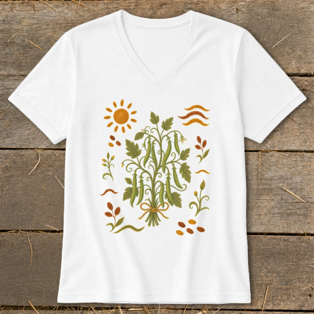 White t-shirt with a V-neck featuring a botanical illustration of pea pods and sun.