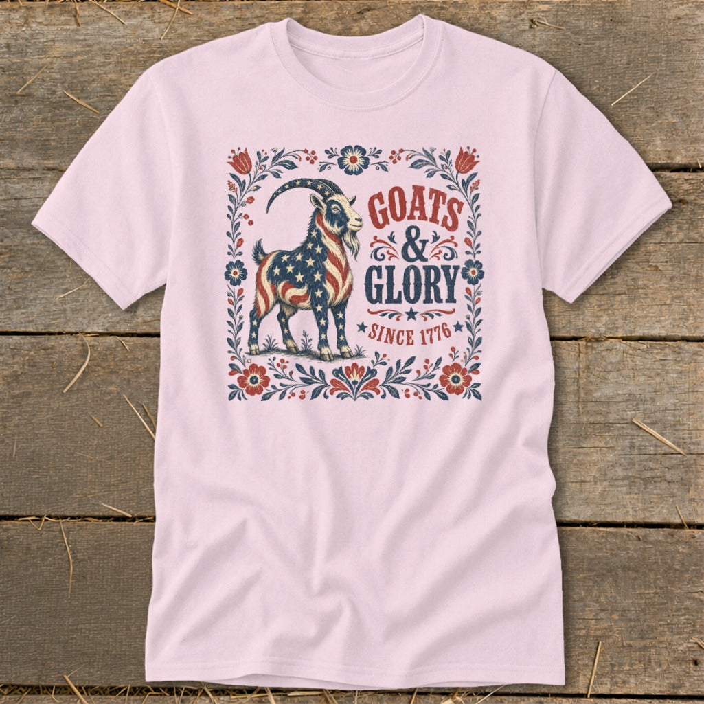 Goat with American flag print, text "Goats & Glory Since 1776".