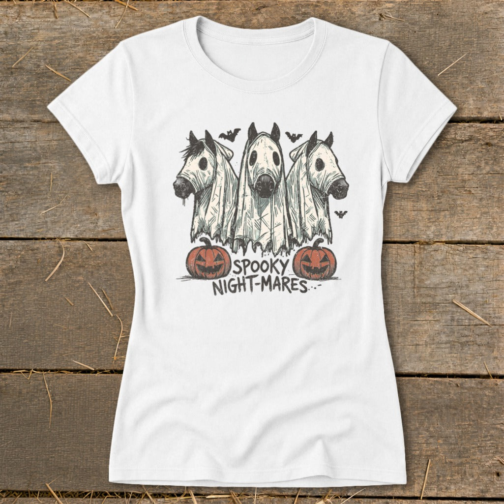 Three horses in ghost costumes with bats and pumpkins, text "SPOOKY NIGHT-MARES".