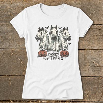 Three horses in ghost costumes with bats and pumpkins, text "SPOOKY NIGHT-MARES".