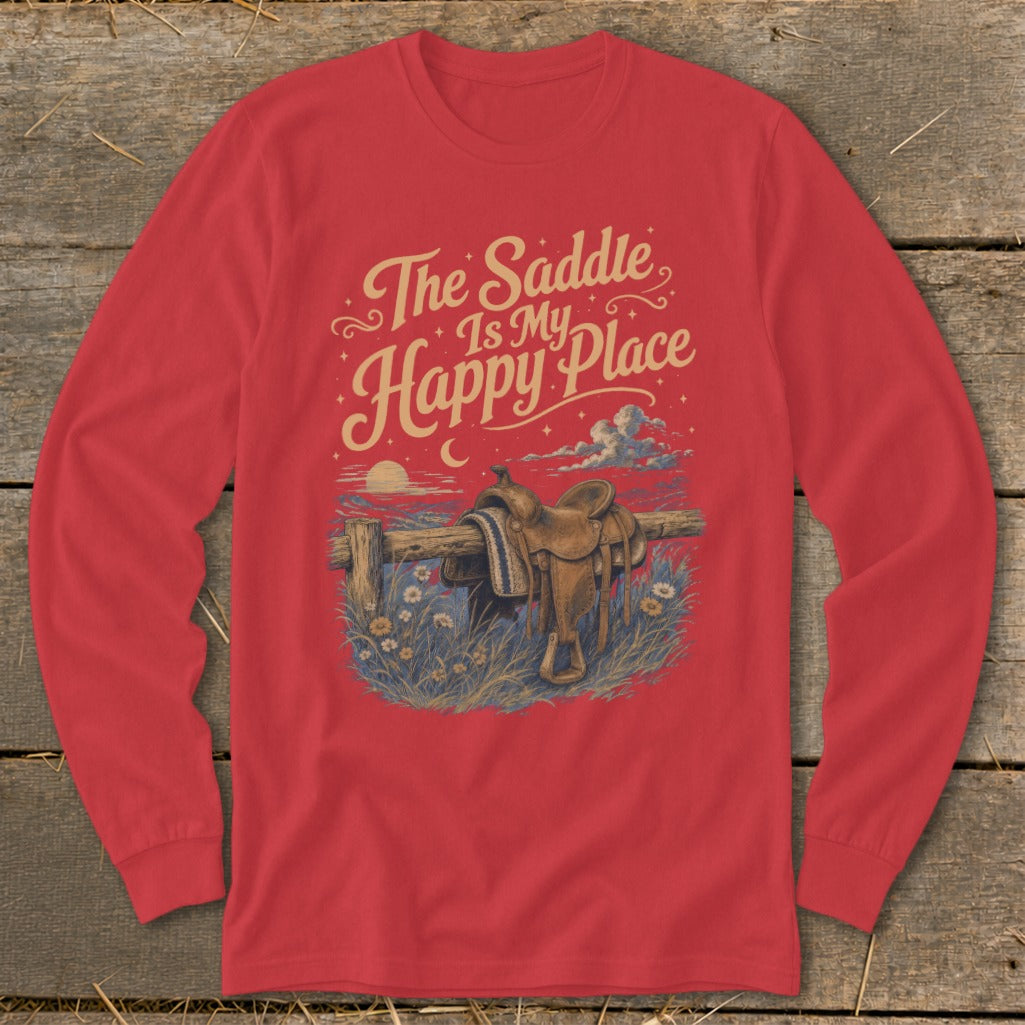 Red long-sleeve shirt with graphic "The Saddle Is My Happy Place".