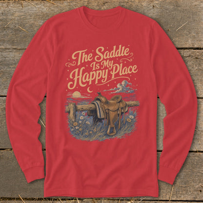 Red long-sleeve shirt with graphic "The Saddle Is My Happy Place".