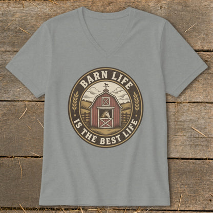 Grey v-neck t-shirt with "Barn Life Is The Best Life" text and barn graphic.