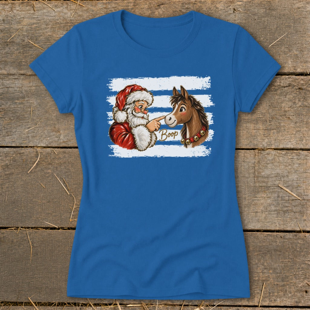 Santa booping a horse on the nose, with the word "Boop" written in cursive.