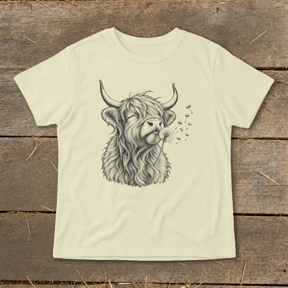 Cream t-shirt with sketch of Highland cow blowing a dandelion.