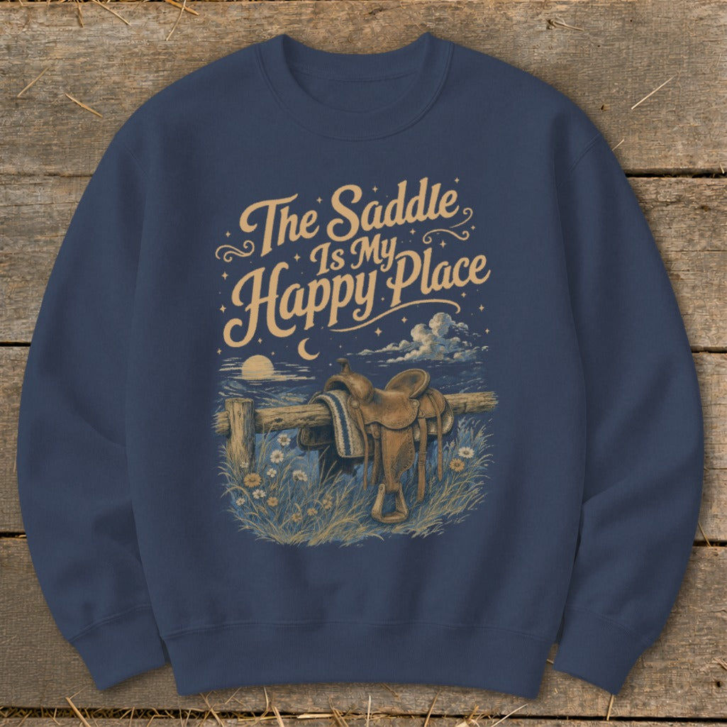 Navy sweatshirt with "The Saddle Is My Happy Place" text and saddle graphic.