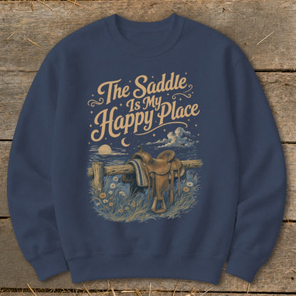 Navy sweatshirt with "The Saddle Is My Happy Place" text and saddle graphic.