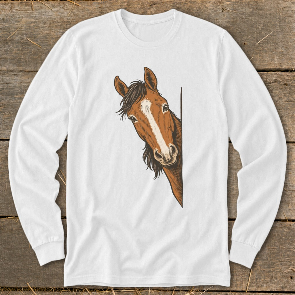 Illustration of a brown horse peeking from the side on a white long-sleeve shirt.