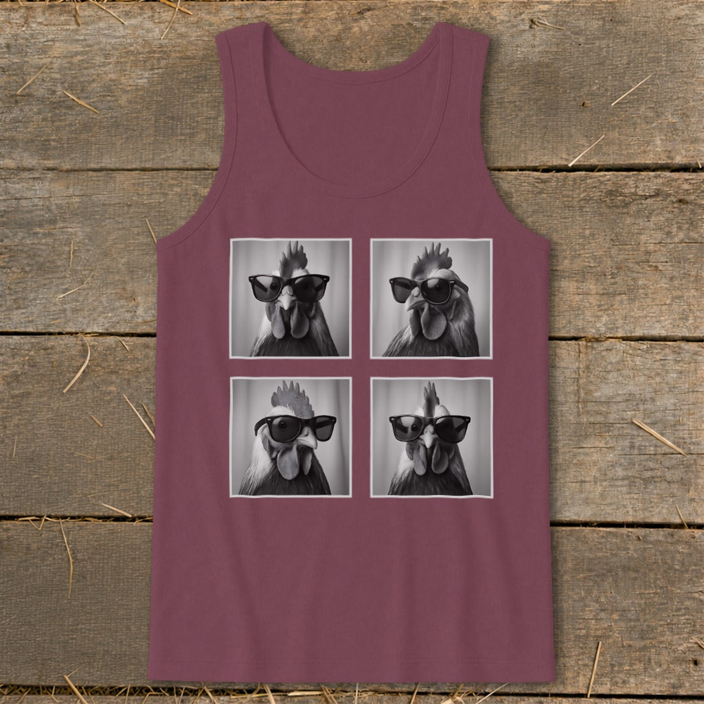 Maroon tank top with a graphic of four black and white chickens wearing sunglasses.