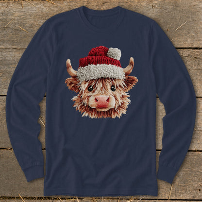 Navy long-sleeve shirt featuring a Highland cow wearing a Santa hat.