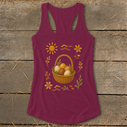 Maroon tank top with Easter basket and eggs graphic, surrounded by flowers and sun.