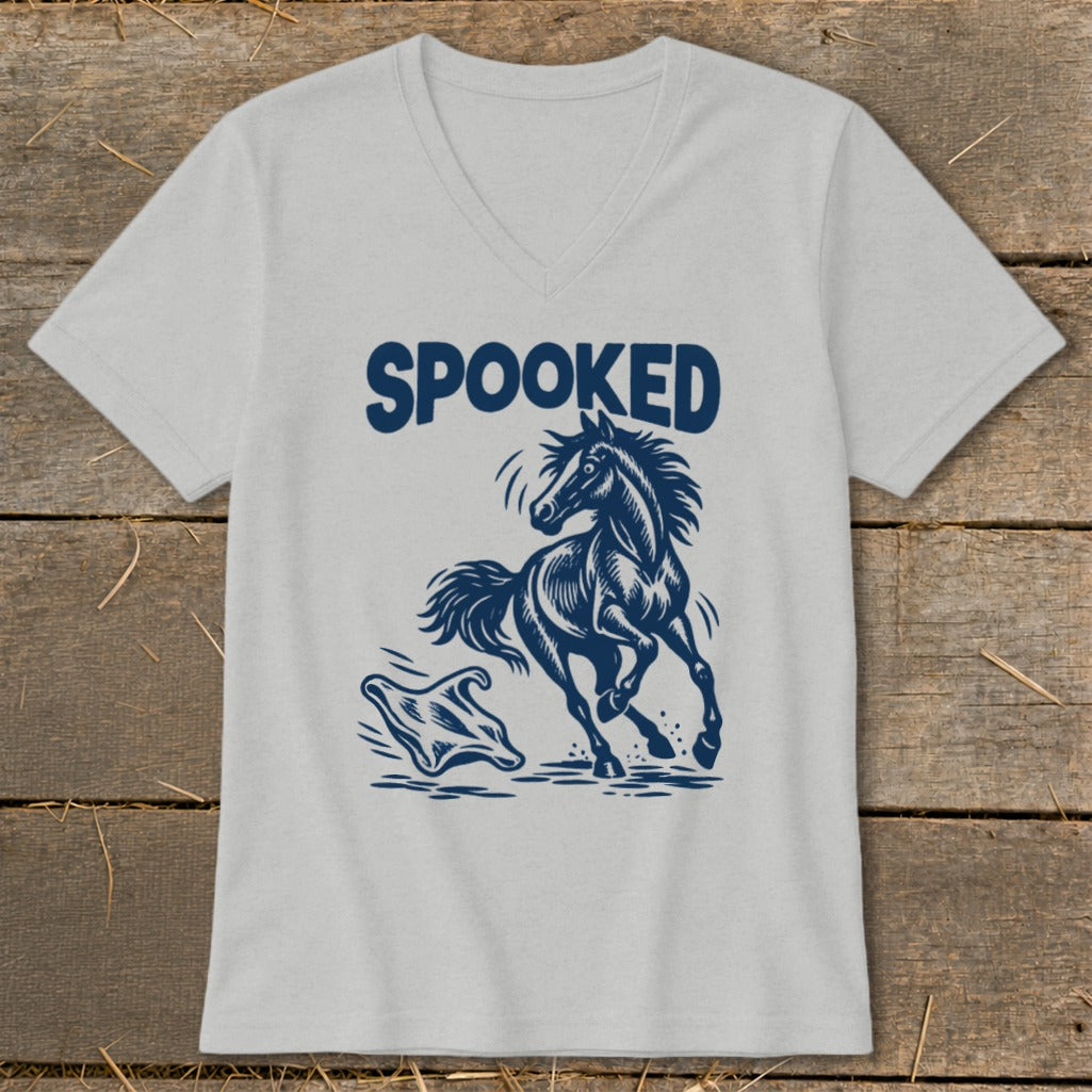 Light grey t-shirt with dark blue graphic of a horse and ghost with the word "SPOOKED".