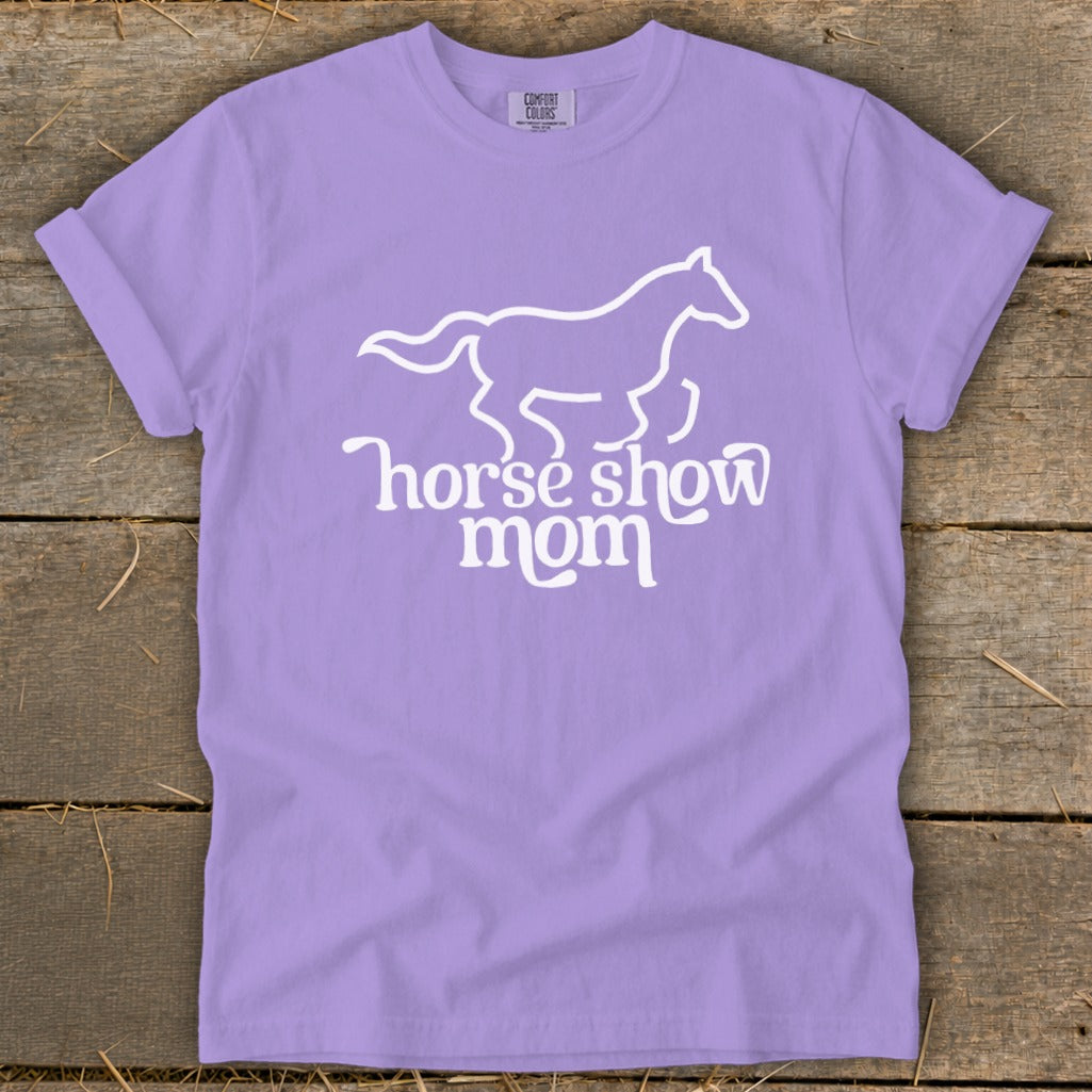 Lavender t-shirt with white horse silhouette and text "horse show mom".