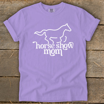 Lavender t-shirt with white horse silhouette and text "horse show mom".