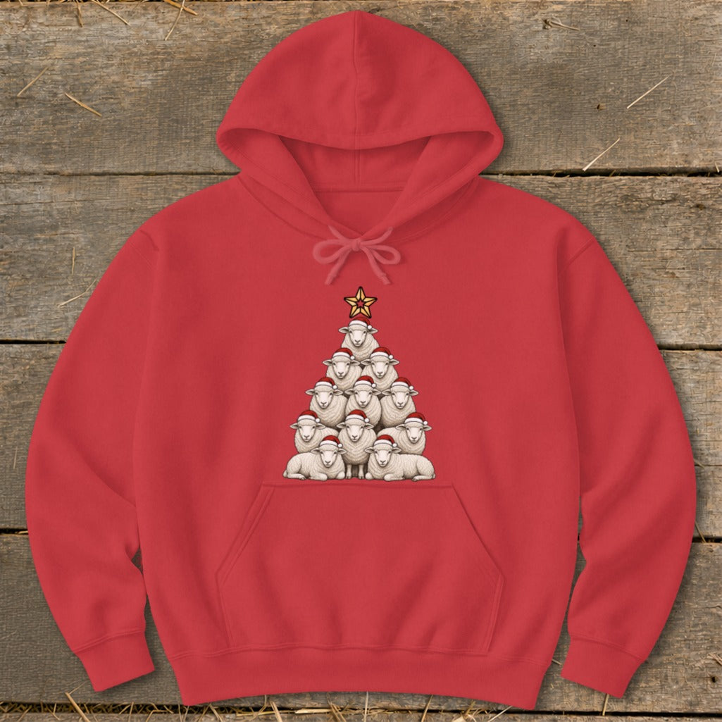 Red hoodie with sheep arranged in a Christmas tree shape wearing Santa hats.