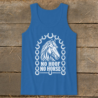 Blue tank top with white horse head graphic and text: "NO HOOF NO HORSE".