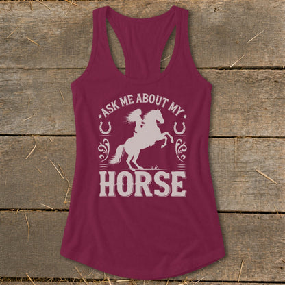 Maroon tank top with white graphic of rider on horse and text "Ask Me About My Horse".