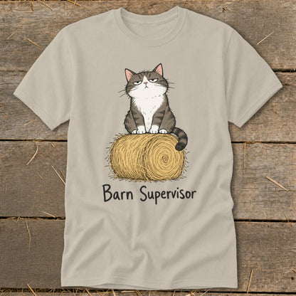 Cat sitting on a hay bale with "Barn Supervisor" text.
