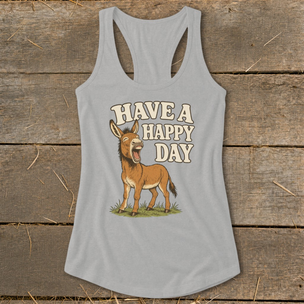 Grey tank top with a cartoon donkey and "HAVE A HAPPY DAY" text.