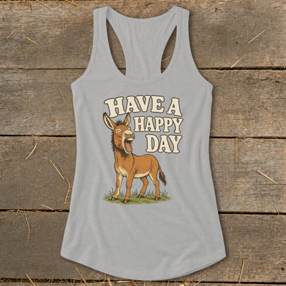 Grey tank top with a cartoon donkey and "HAVE A HAPPY DAY" text.
