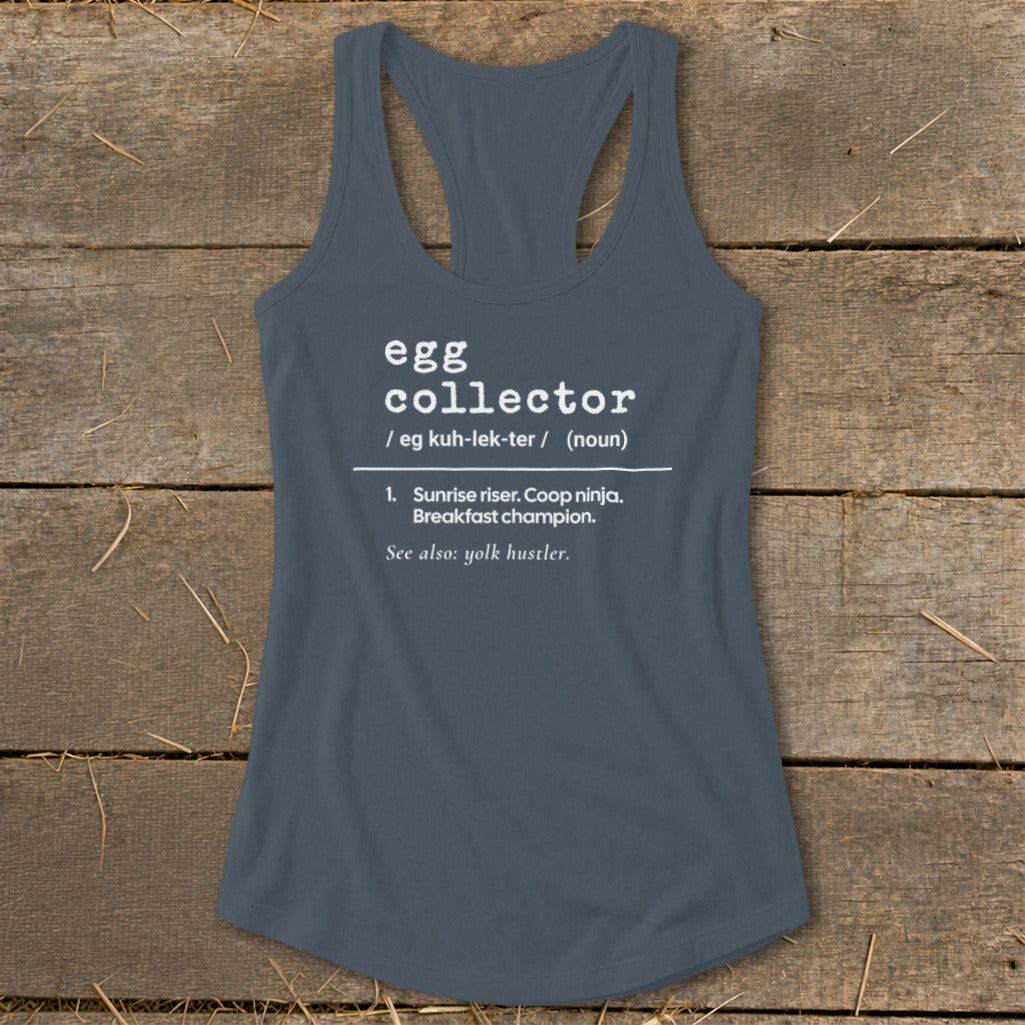 Gray tank top with "egg collector" definition and humorous descriptions.