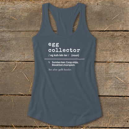 Gray tank top with "egg collector" definition and humorous descriptions.