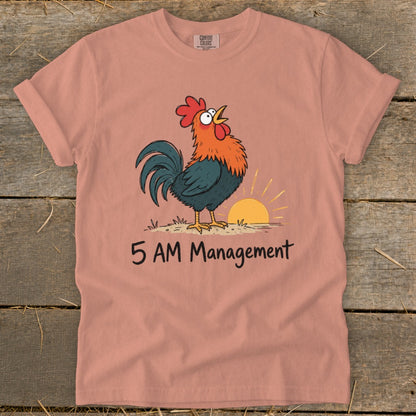 Rooster crowing at sunrise with text "5 AM Management".