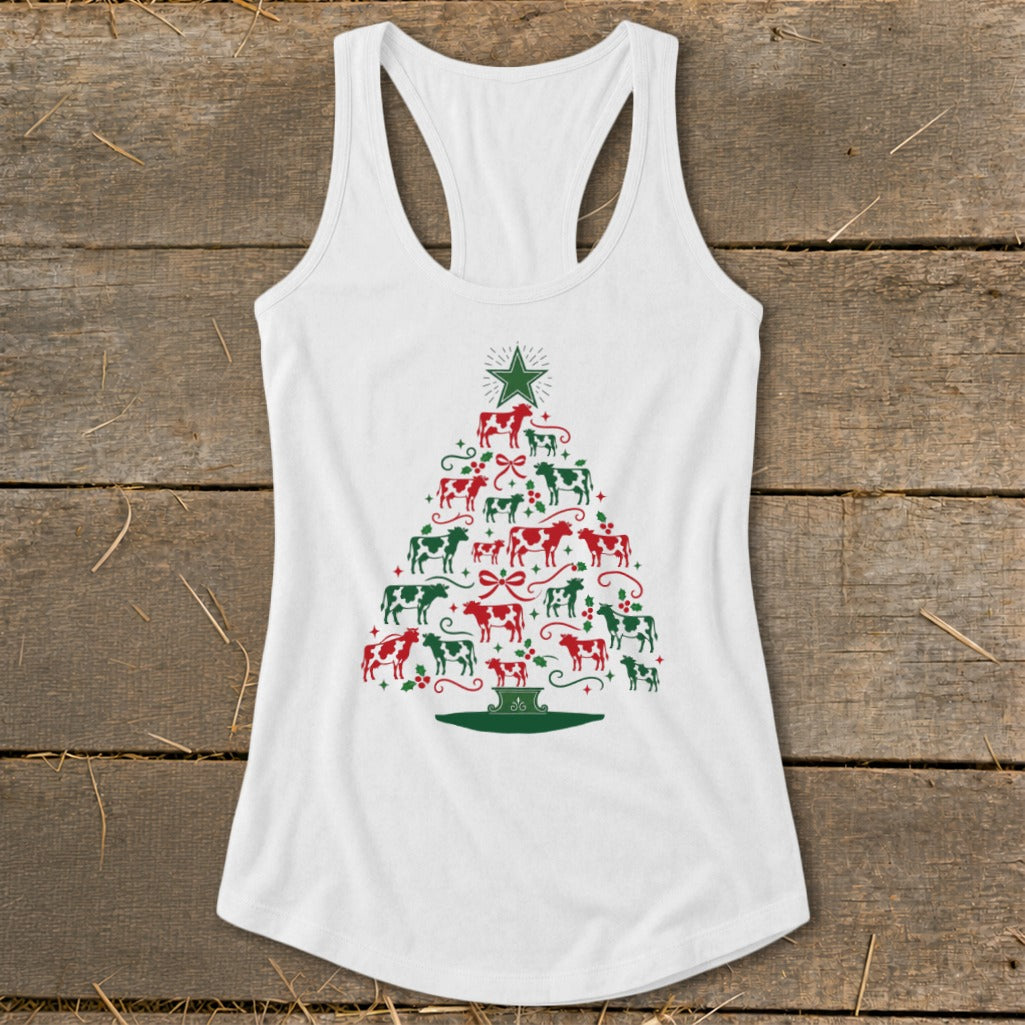 White tank top with a Christmas tree made of red and green cows.