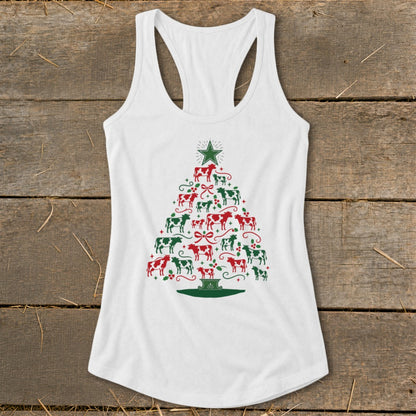 White tank top with a Christmas tree made of red and green cows.