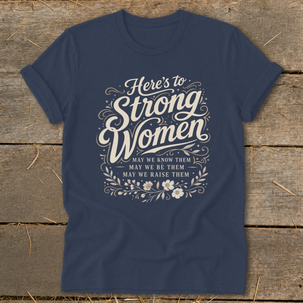 Navy t-shirt with "Strong Women" text and floral accents.