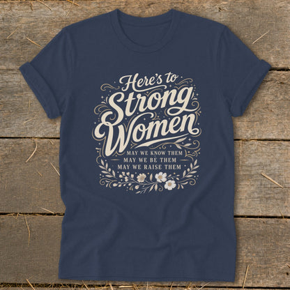 Navy t-shirt with "Strong Women" text and floral accents.