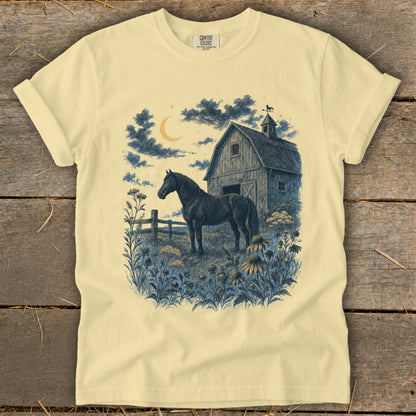 Black horse stands in a field by a barn under a crescent moon and clouds.