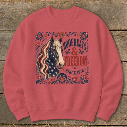 Crewneck sweatshirt with patriotic horse design and text.