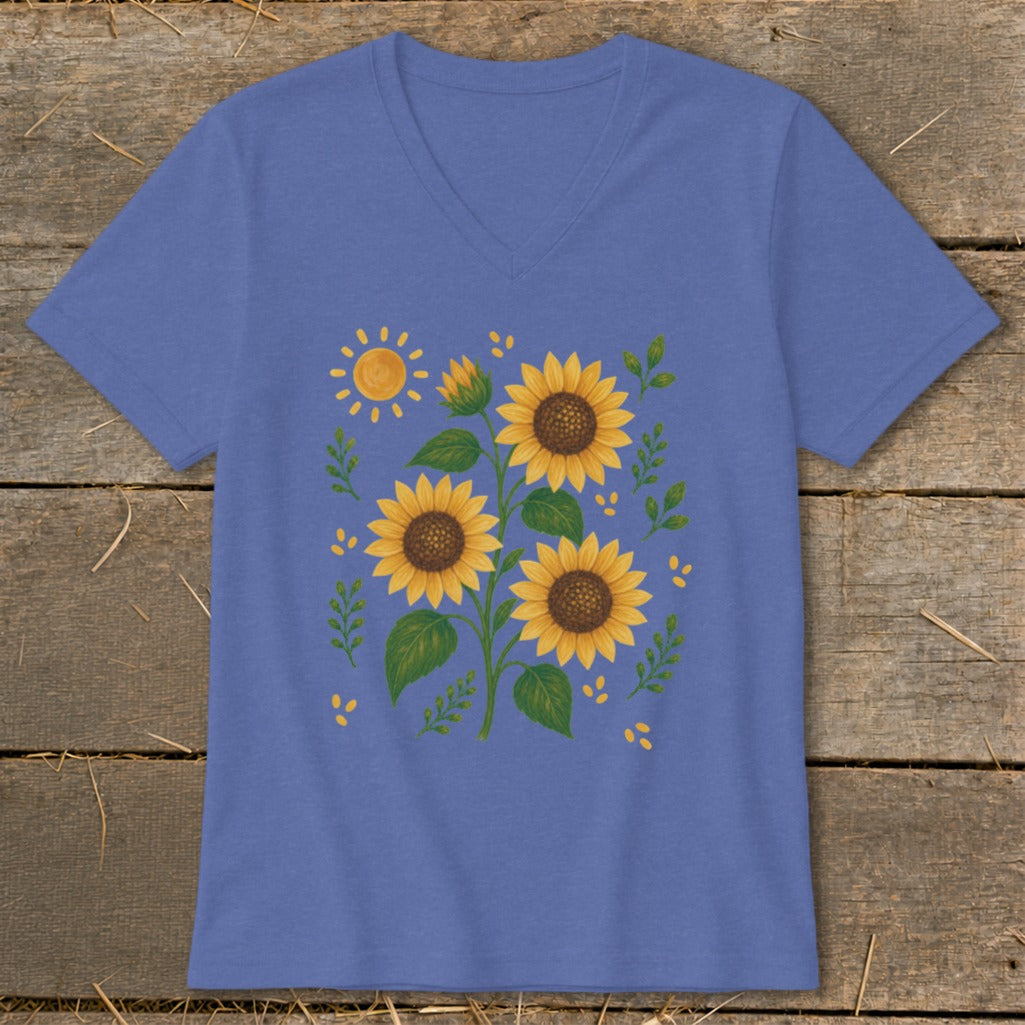 Purple v-neck t-shirt with a sunflower and sun graphic design.