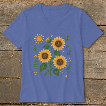 Purple v-neck t-shirt with a sunflower and sun graphic design.