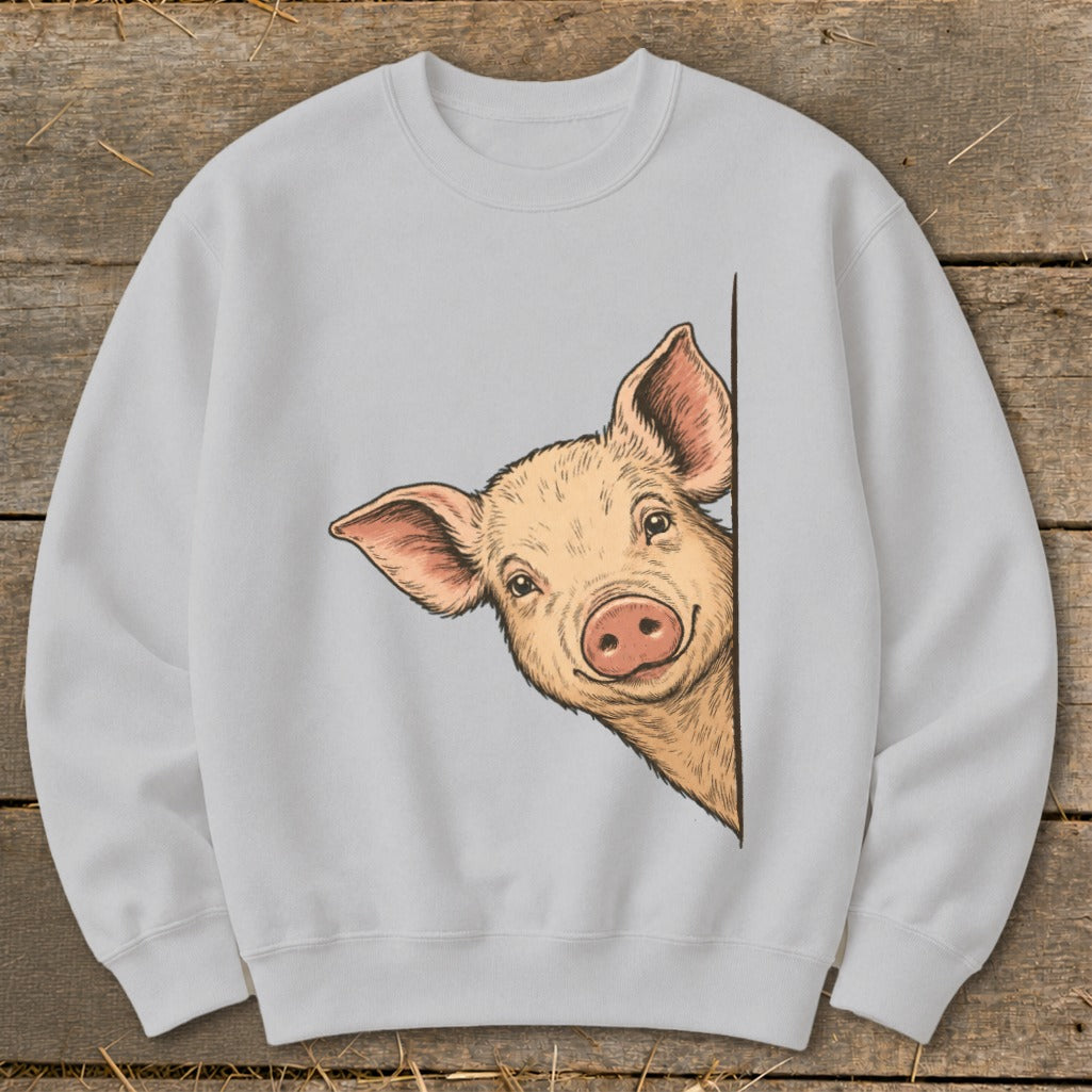 Light gray sweatshirt with a peeking pig illustration on the front.
