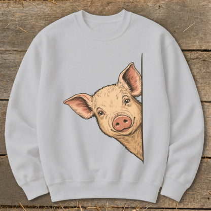 Light gray sweatshirt with a peeking pig illustration on the front.