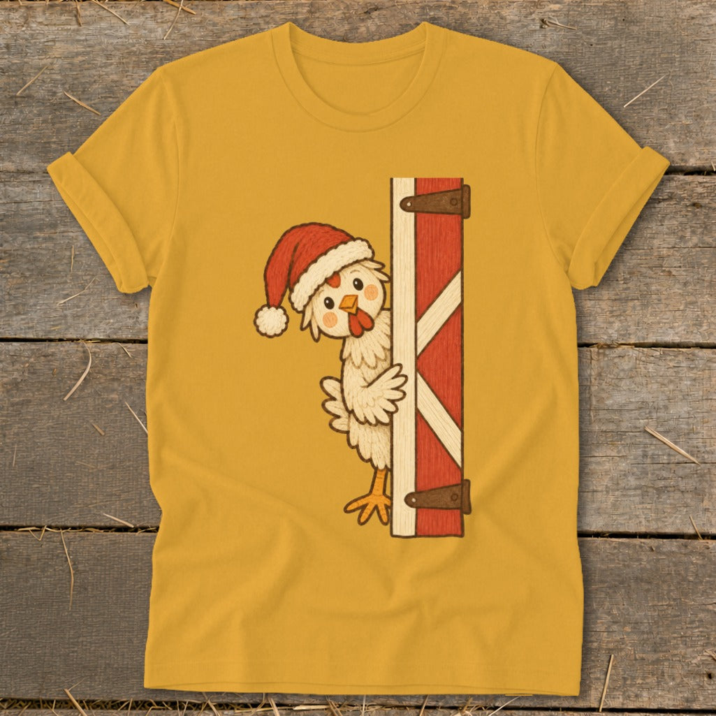Chicken wearing Santa hat peeking from behind a red barn door.