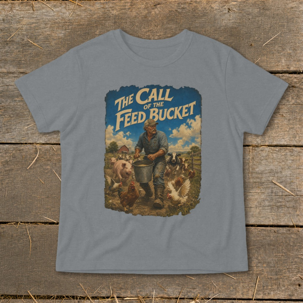 Farmer feeding pigs, cows, and chickens with text "The Call of the Feed Bucket."