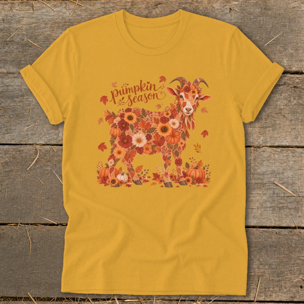 Goat made of flowers and leaves with "Pumpkin season" text.