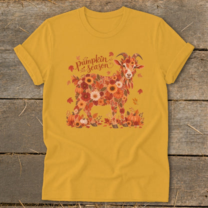 Goat made of flowers and leaves with "Pumpkin season" text.