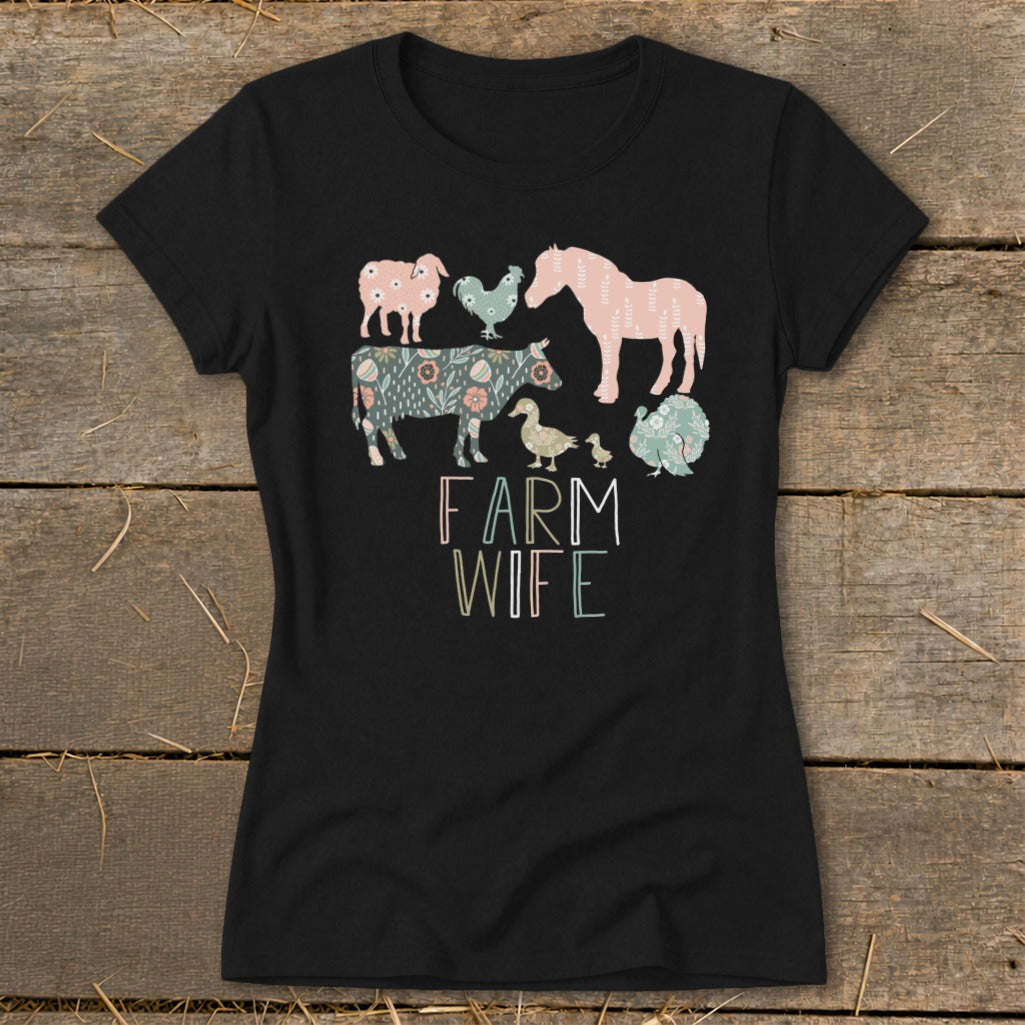 Black t-shirt with colorful farm animals and "FARM WIFE" text.