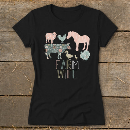 Black t-shirt with colorful farm animals and "FARM WIFE" text.