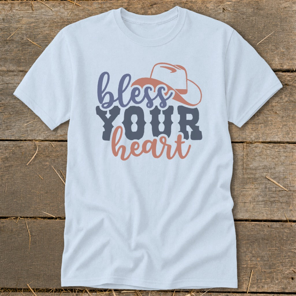 White t-shirt with "bless YOUR heart" and cowboy hat graphic.