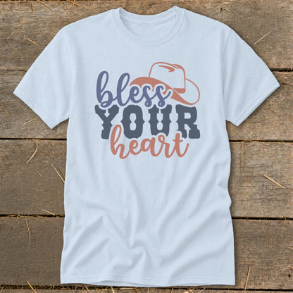 White t-shirt with "bless YOUR heart" and cowboy hat graphic.