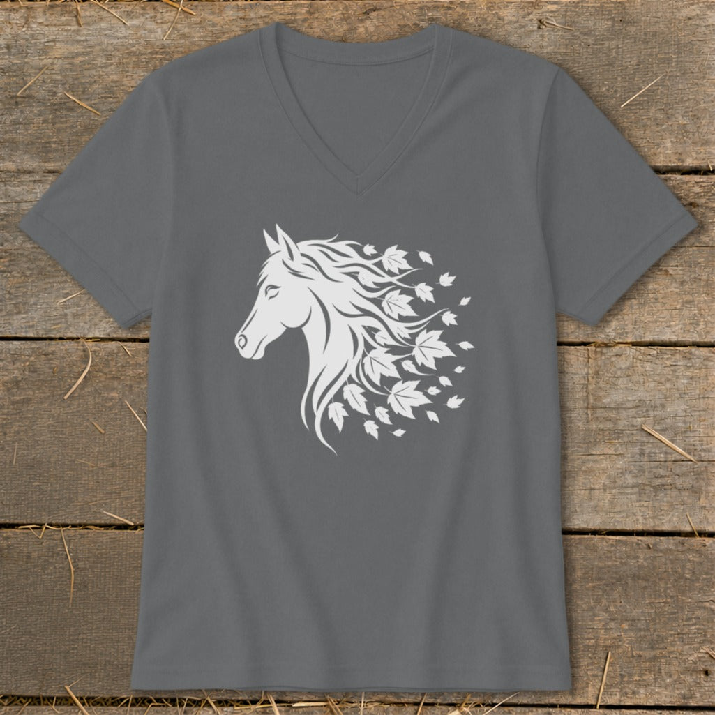 Gray v-neck t-shirt with white stylized horse head and maple leaves design.