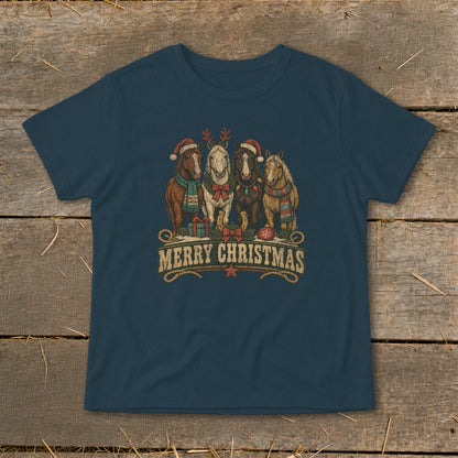 Four horses wearing Santa hats and scarves with "Merry Christmas" text.