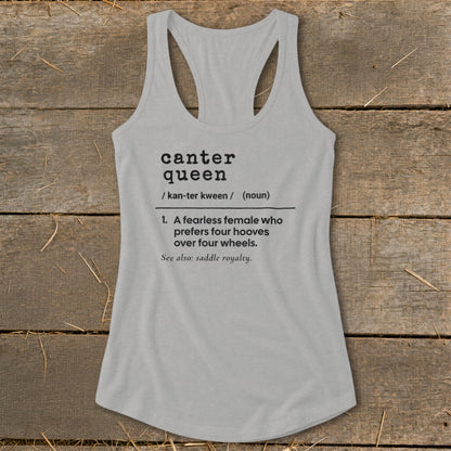 Light grey tank top with "Canter Queen" definition printed on it.