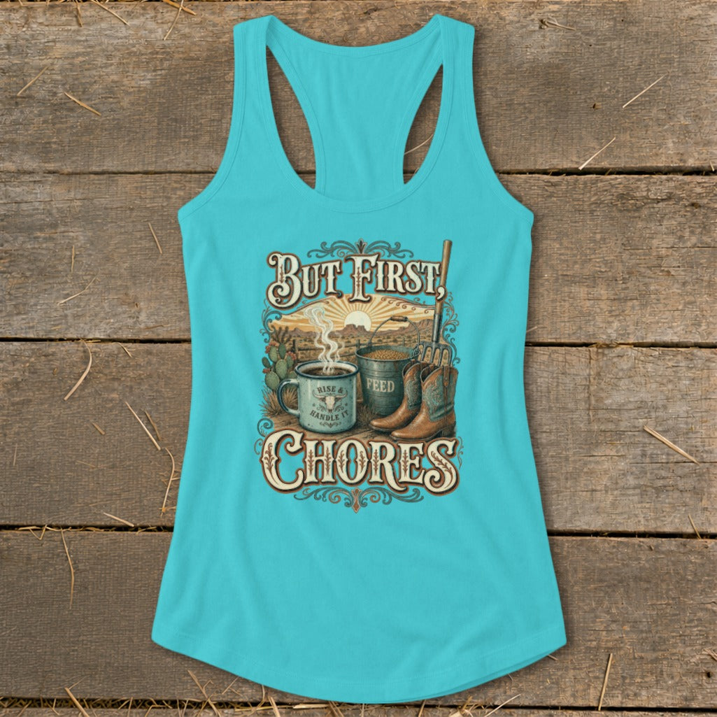 Turquoise tank top with "But First, Feed" and "Chores" text and rustic farm imagery.
