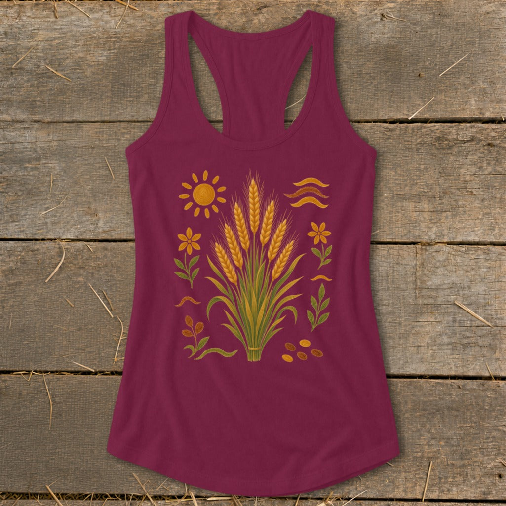 Burgundy tank top with wheat stalks, sun, flowers, and leaves graphic.